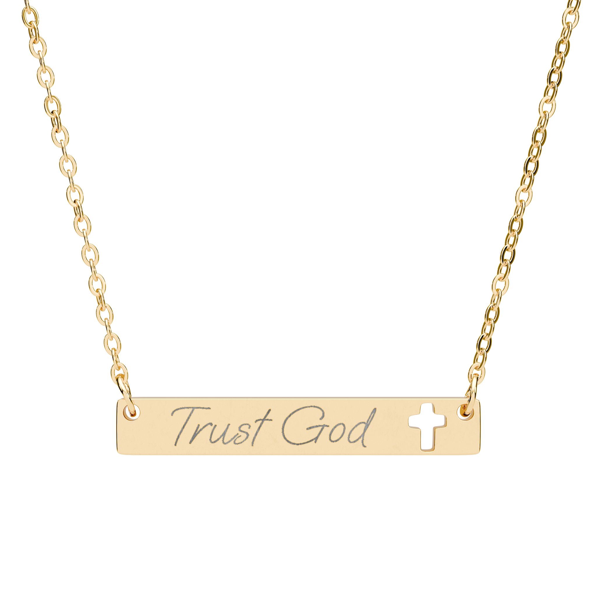Trust God Engraved Cutout Cross Bar Necklace