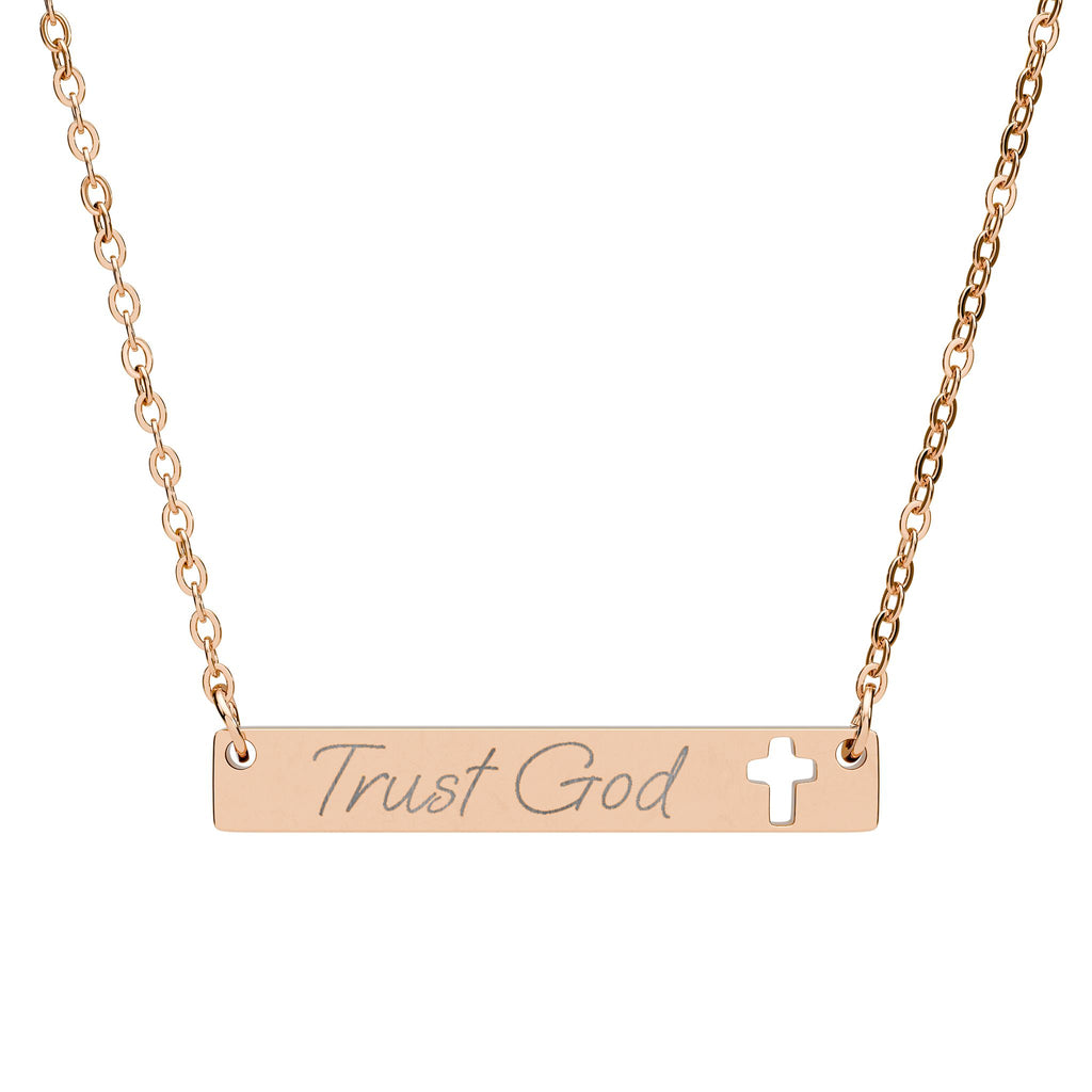 Trust God Engraved Cutout Cross Bar Necklace