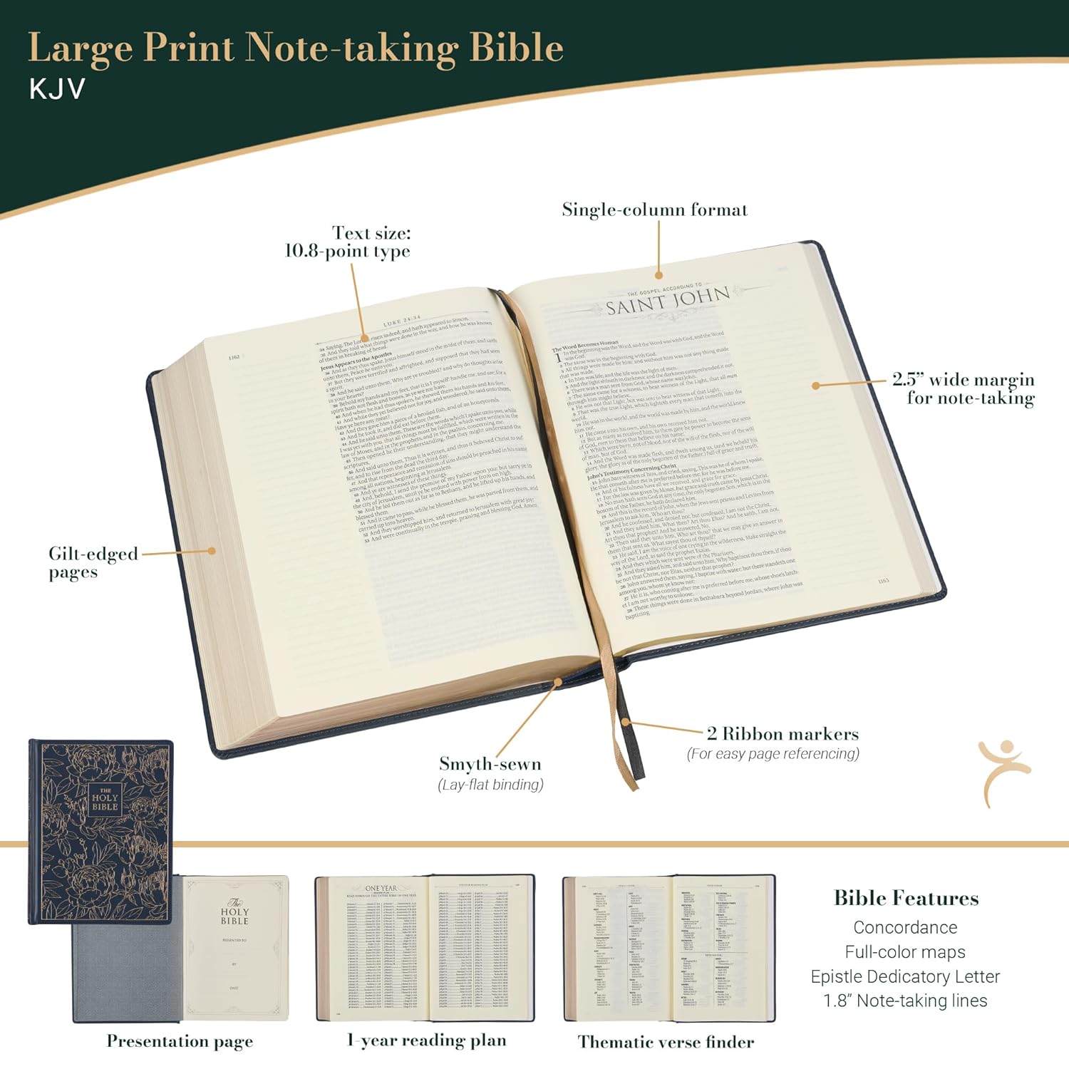 KJV Holy Bible, Large Print Note-taking Bible, Faux Leather Hardcover - King James Version, Navy w/Gold Floral (KJV Note-taking Editions)