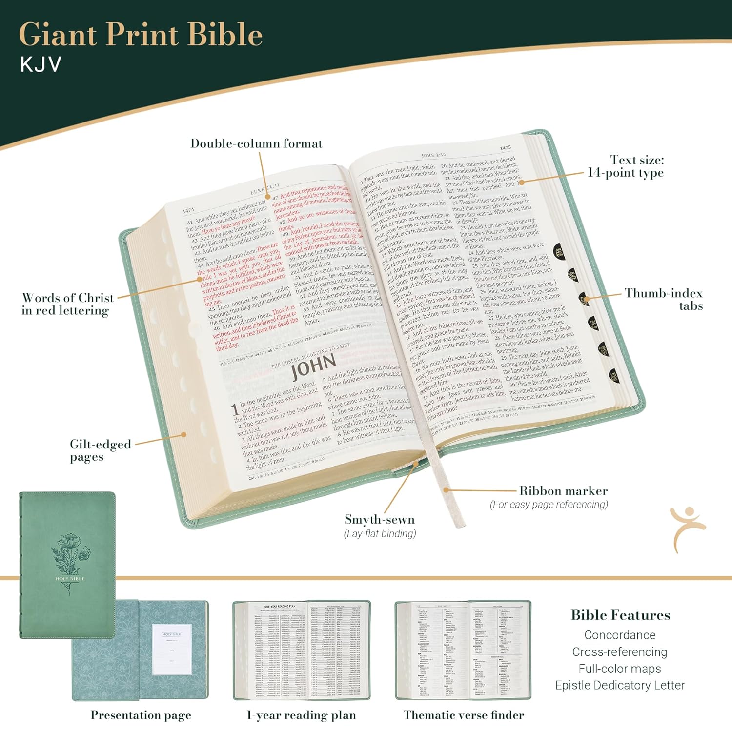 KJV Holy Bible, Giant Print Standard Size Red Letter Edition, Thumb Index Tabs & Ribbon Marker, King James Version, Vegan Leather, Teal, 14 pt. Type
