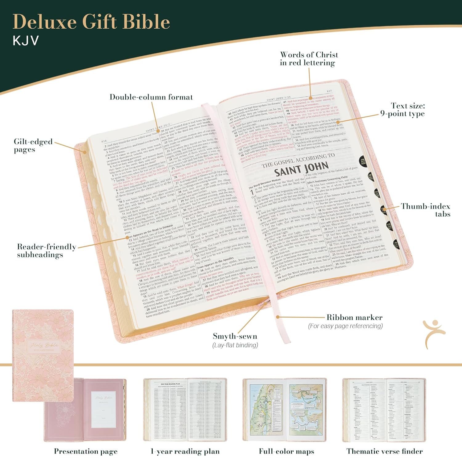 KJV Holy Bible, Deluxe Gift Bible with Thumb Tabs, Ribbon Marker, King James Version, Faux Leather, Pink