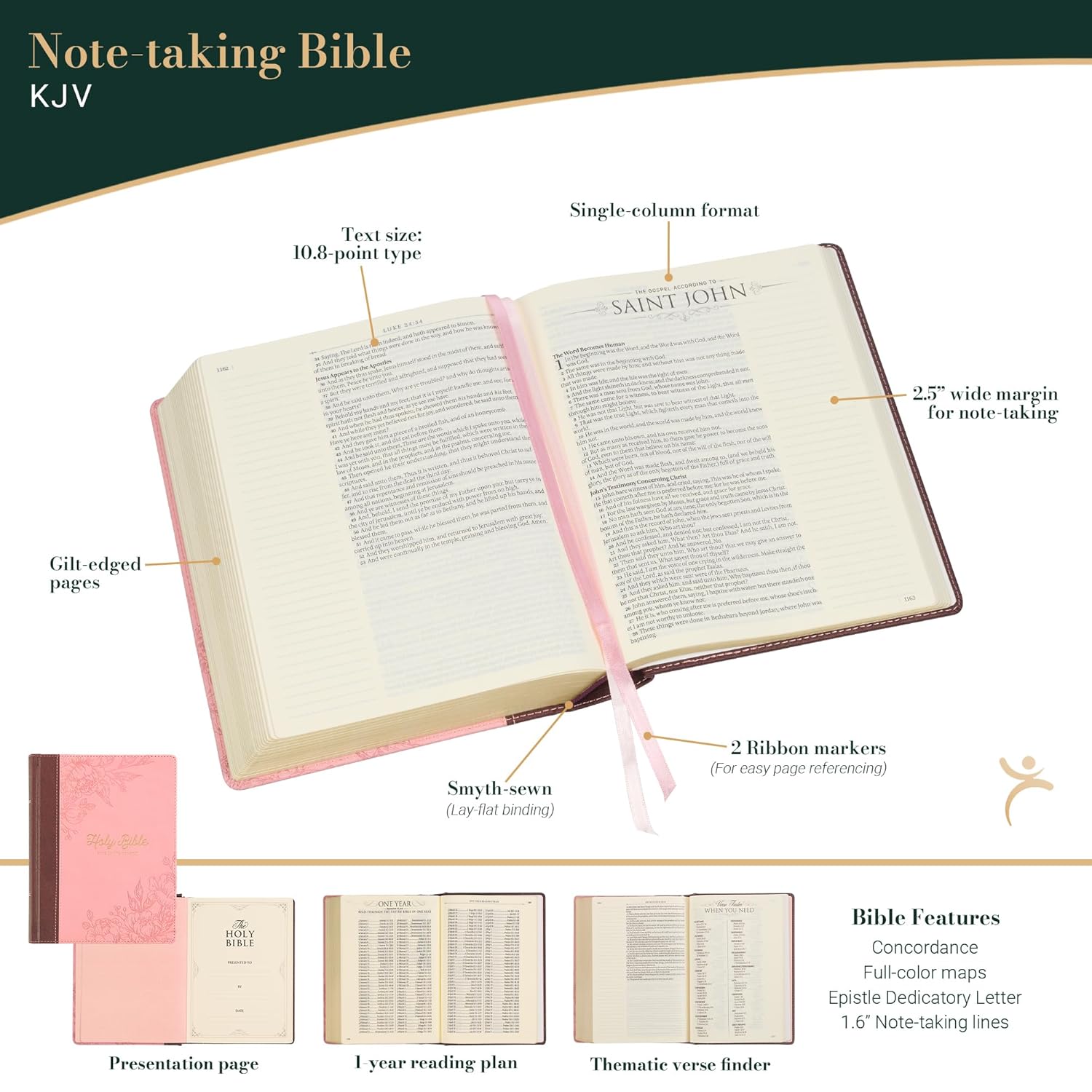 KJV Holy Bible, Note-taking Bible, Faux Leather Hardcover - King James Version, Brown/Pink (KJV Note-taking Editions)
