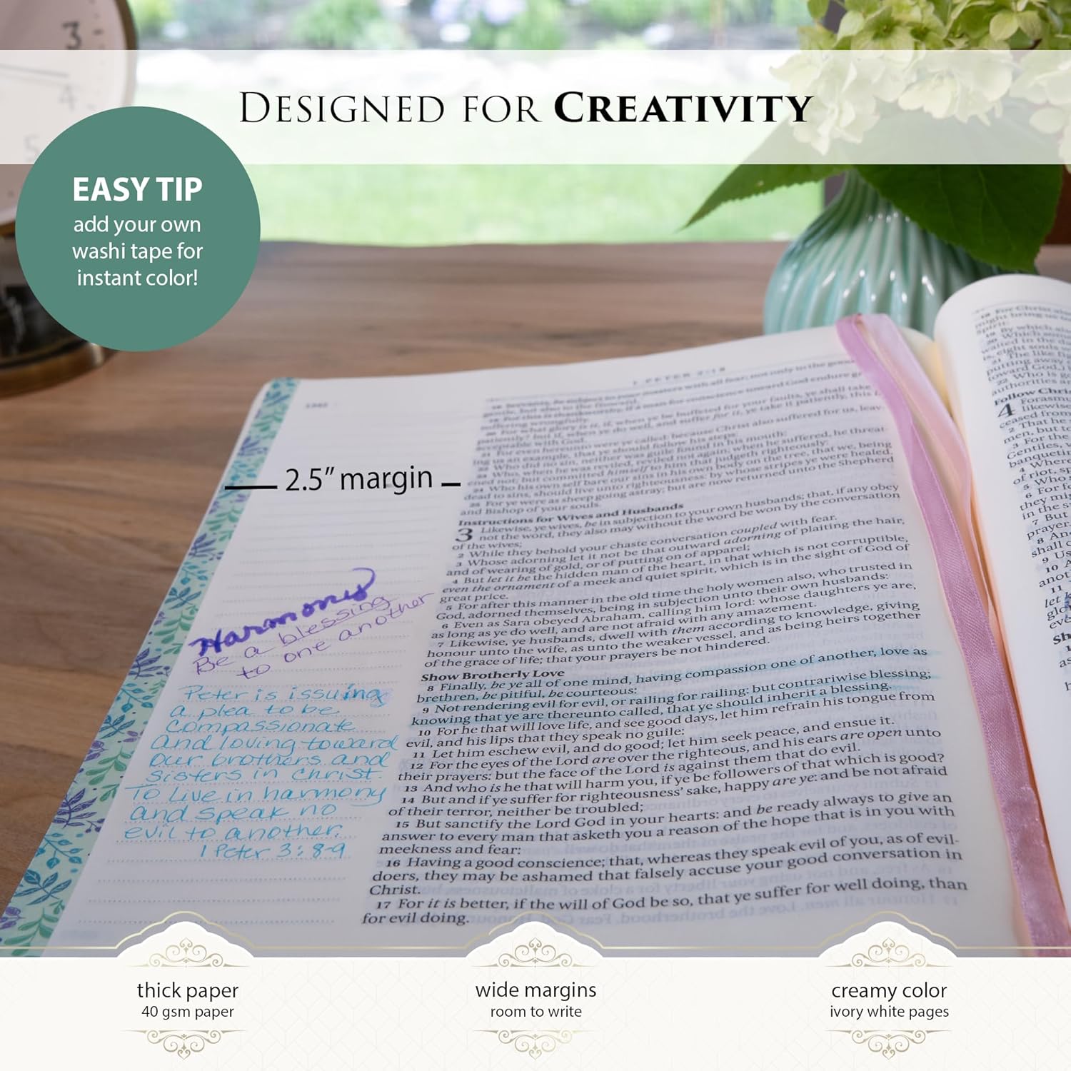 KJV Holy Bible, Large Print Note-taking Bible, Faux Leather Hardcover - King James Version, Navy w/Gold Floral (KJV Note-taking Editions)